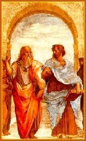 Plato and Aristotle in discourse at the Academy.